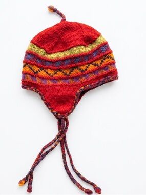 Newark Icelandic Design Hat 100% Wool Handcrafted Nepal Earflap Chullo Boho Red
